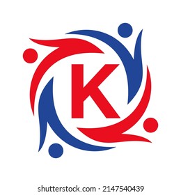 American Charity Logo on Letter K Sign. Unite Teamwork Foundation icon Organization Care Logo