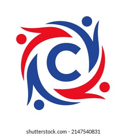 American Charity Logo on Letter C Sign. Unite Teamwork Foundation icon Organization Care Logo