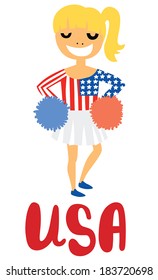 American Cheerleader Girl Dressed in American Flag Outfit with USA Text