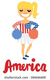 American Cheerleader Girl Dressed in American Flag Outfit with America Text