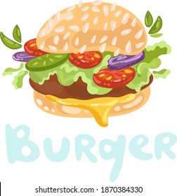 American Cheeseburger. Burger Ingredients. Jumping Burger Ads. Fast Food, Junk Food Clipart. Elements For Burgers Restaurant Menu Design. Doodle Image, Kawaii Style. American Take Away Food.