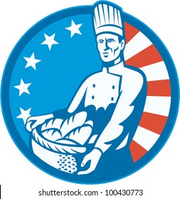 American Chef Baker Cook With Basket Loaf Bread