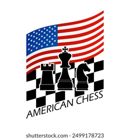 American Chess Day event sport banner.  Knight, king and rook chess pieces with chess board and American flag on white background to celebrate on September 1st