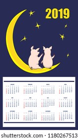 American  children calendar for wall 2019 year on the dark background with number 2019 and pair cartoon cute piggies sitting on the moon. English language. Week starts on Sunday. eps 10
