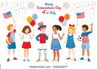 American Children Celebrating 4th Of July Independence Day, Holding Flags, Wearing Uncle Sam Hat, America, Memorial Day, Nation, Country