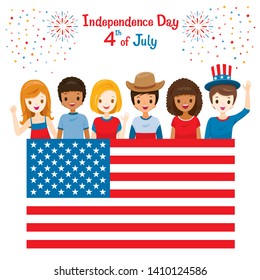 American Children Portrait Celebrating 4th Of July Independence Day, Big Flags, Wearing Uncle Sam Hat, America, Memorial Day, Nation, Country