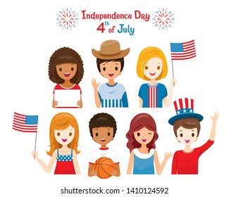 American Children Portrait Celebrating 4th Of July Independence Day, Holding Flags, Wearing Uncle Sam Hat, America, Memorial Day, Nation, Country