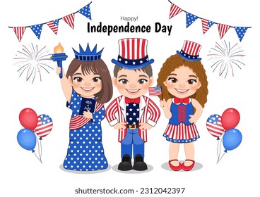 American Children Portrait Celebrating 4th Of July Independence Day with Costume, Holding Flags, Wearing Uncle Sam Hat, Statue of Liberty Vector