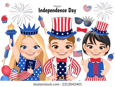 American Children Portrait Celebrating 4th Of July Independence Day with Costume, Holding Flags, Wearing Uncle Sam Hat, Statue of Liberty Vector