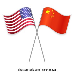 American and Chinese crossed flags. United States of America combined with China isolated on white. Language learning, international business or travel concept.