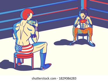 american and chinese wrestler playing on smartphone instead of real fighting because coronavirus covid-19