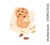 American chocolate chip cookie and bitten biscuit with nuts on napkin. Top view of fresh crunchy oat shortbread with almond or peanuts. Colored flat vector illustration isolated on white background
