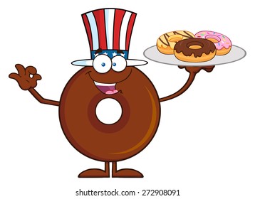 American Chocolate Donut Cartoon Character Serving Donuts. Vector Illustration Isolated On White