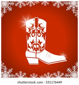 American christmas card with cowboy boot on red background.Vector western illustration