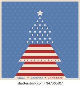 American Christmas Tree Poster With Patriotic Elements On Blue Star Background