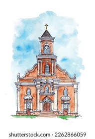 Dibujo acuarela de la iglesia estadounidense. Iglesia de ladrillo rojo, cielo azul, simétrico. Vector aislado.