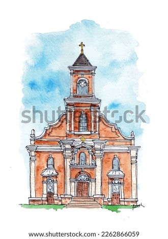 American church illustration watercolor sketch. Red brick church, blue sky, symmetrical. Isolated vector.