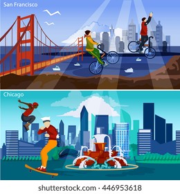 American Cities Cityscapes Horizontal Vector Illustration