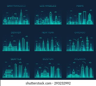 American cities. San Francisco, New York, Chicago, Los Angeles, Miami, Atlanta, Boston, Seattle, Denver skylines, detailed silhouette. Trendy vector illustration, linear style.