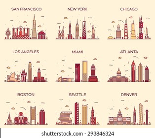 American cities. San Francisco, New York, Chicago, Los Angeles, Miami, Atlanta, Boston, Seattle, Denver skylines, detailed silhouette. Trendy vector illustration, linear style.