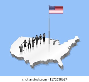 American citizens voting for USA election over an 3D US map with Flagpole. All the objects, shadows and background are in different layers. 