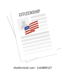 American Citizenship Green Card Contract, White  Document With Text And Photo Icon The USA Red Flag. Concept Of Government Programs, Application Agreements Or Celebration Newcomer To America