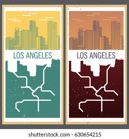 American City Poster From A Urban Silhouette In Flat Style A Vector Los Angeles.City Landscape With Buildings Skyscrapers And The Subway Map.The Downtown With Buildings Of Skyscrapers