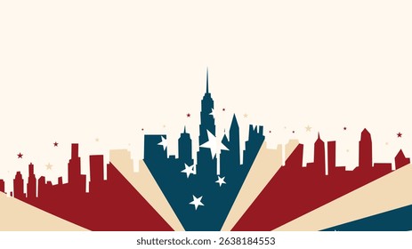 American City Skyline with Starburst and Flag Colors Radiating in Patriotic Celebration Theme