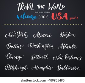 American city vector lettering. Typography, USA - New York, Miami, Boston, Dallas, Washington, Atlanta, Chicago, Detroit, New Orleans, Pittsburgh, Memphis, Baltimore on dark background