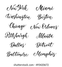 American city vector lettering. Typography, USA - New York, Miami, Boston, Dallas, Washington, Atlanta, Chicago, Detroit, New Orleans, Pittsburgh, Memphis, Baltimore on white background