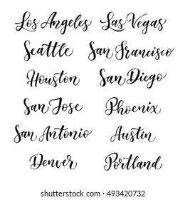 American city vector lettering. Typography, USA - Los Angeles, Las Vegas, Seattle, San Francisco, Houston, Phoenix, Austin, Denver, Portland on white background