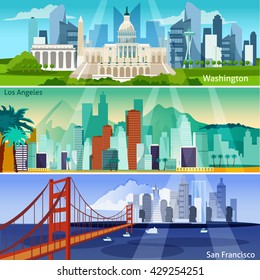 American Cityscapes Flat Horizontal Banner Set Isolated Vector Illustration