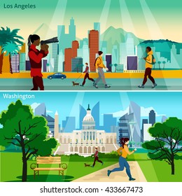 American Cityscapes Horizontal Banner Set Vector Illustration