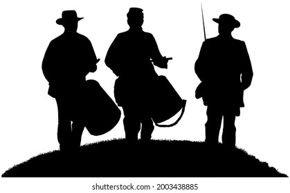 American Civil War Drummer Boys And Soldier In Black Silhouette On White Background 