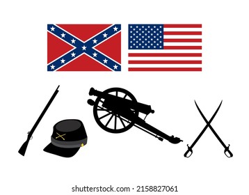 American Civil War Icon Set Vector. Civil War USA Attributes Vector Illustration. Symbols Of The American Civil War Icons Isolated On A White Background