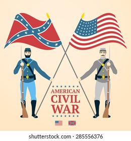 American Civil War illustration - southern and northern soldiers in uniform, holding flags and rifles. vector