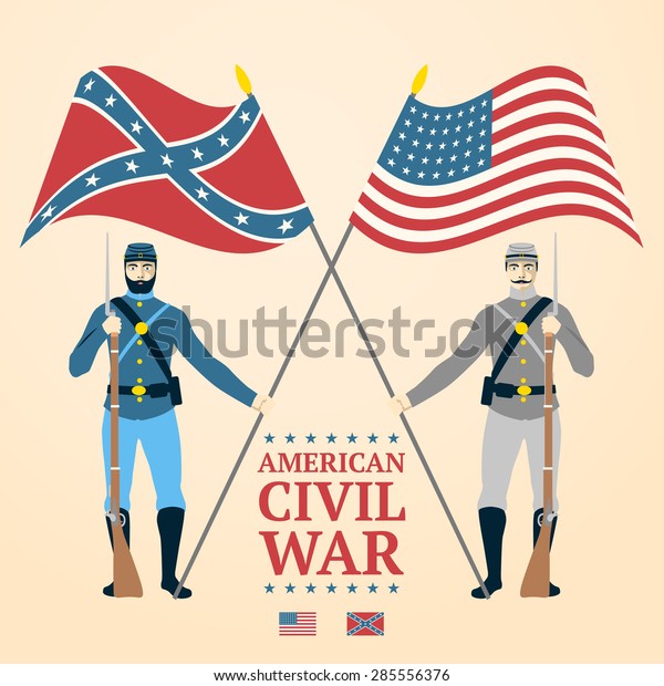 American Civil War\
illustration - southern and northern soldiers in uniform, holding\
flags and rifles.\
vector