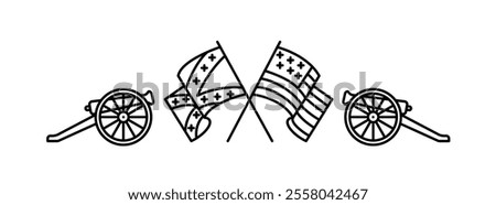 The American Civil War, line icon. Composition with guns on wheels and two symbols opponents - flag of Union and The Confederate. Linear illustration editable strokes.