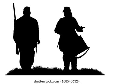 American Civil War Soldier And Drummer Boy Silhouette In Black On White Background, Vector Graphic 