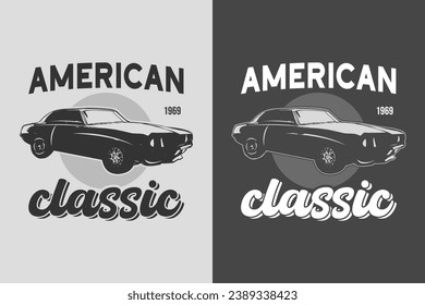 Diseño de camiseta Vector clásico americano. Un auto clásico de época imprime una camiseta en blanco y negro. viejos gráficos de camisetas retro para autos.