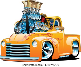 American classic hot rod pickup truck cartoon isolated vector illustration with huge chrome engine, orange and yellow flame paint scheme, big tires and chrome rims, cool low rider stance
