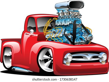 American Classic Hot Rod Pickup Truck Cartoon Illustration With Huge Chrome Engine, Red Hot Paint, Big Tires And Chrome Rims, Cool Low Rider Stance.