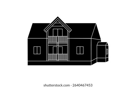 American classic house in bold black fill silhouette style, front-facing architecture icon for real estate, housing, and design themes, isolated on white background.