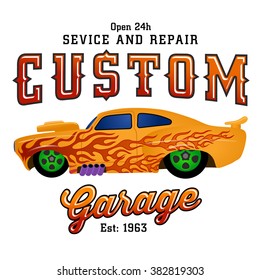 American classic muscle car hot rod print design
Flame, low profile, big tires and rims.