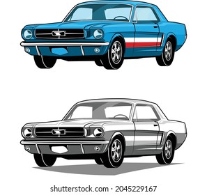 Los autos clásicos americanos de musculación azul rojo negro y blanco