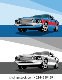 Los autos clásicos americanos de musculación azul y rojo