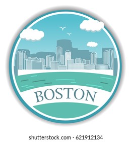 The American coastal city of Boston in the State of Massachusetts.Down town landscape with skyscrapers and high-rise buildings in flat style a vector.The sea with buildings, clouds and seagulls.