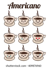 American Coffee Cartoon Character with Different Expressions.  Isolated