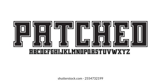 American college classic font. Vintage sports font in American style for T-shirt designs for football, baseball, and basketball teams. College, school and varsity style font, tackle twill. Vector
