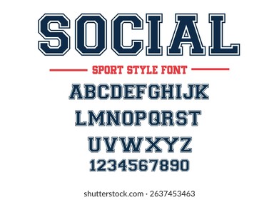 American college classic font. Vintage sports font in American style for T-shirt designs for football, baseball, and basketball teams. College, school and varsity style font, tackle twill. Vector
